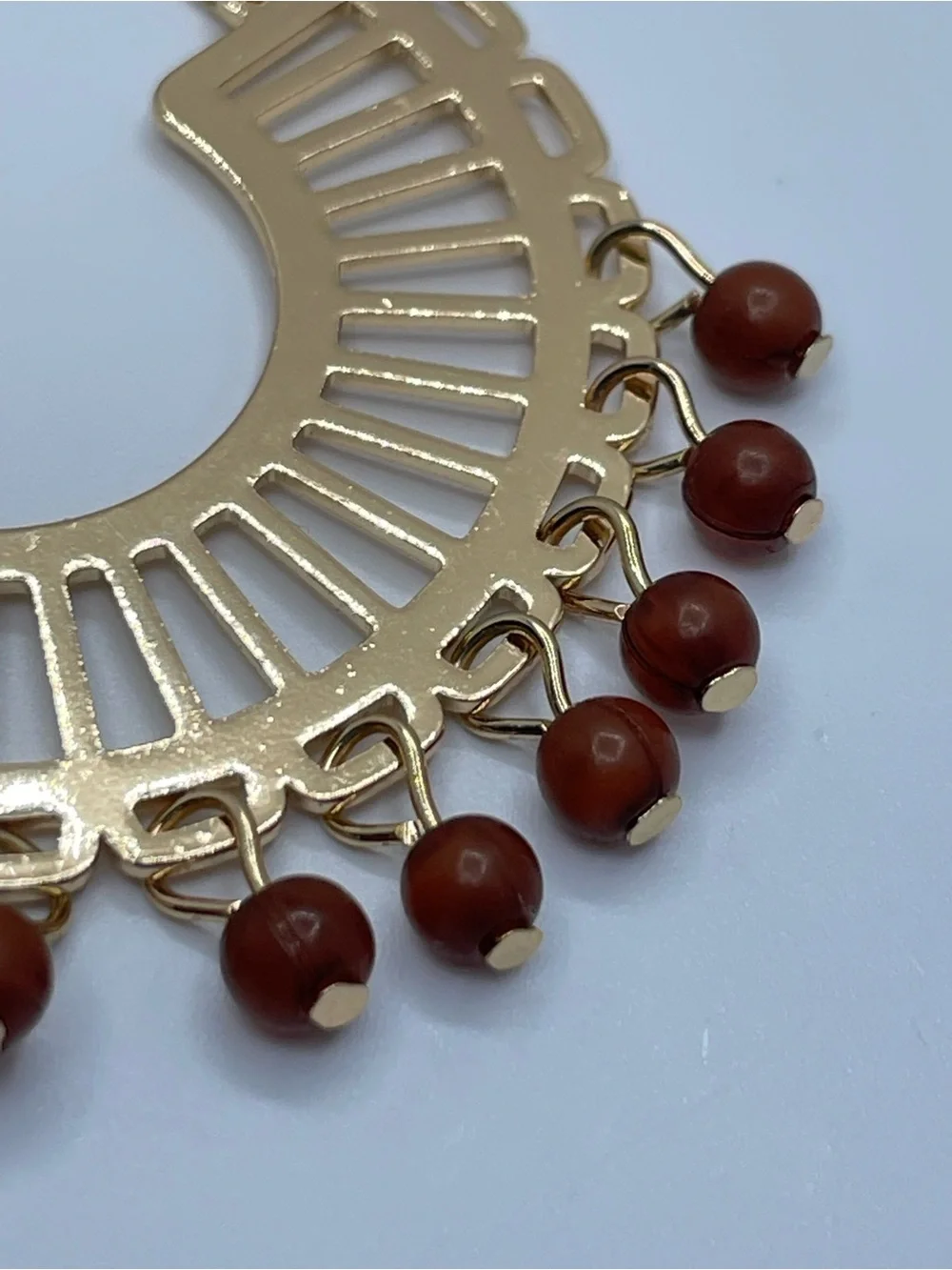 Gold Tone Boho Fan Dangle Earrings Brown Bead Fringe Statement